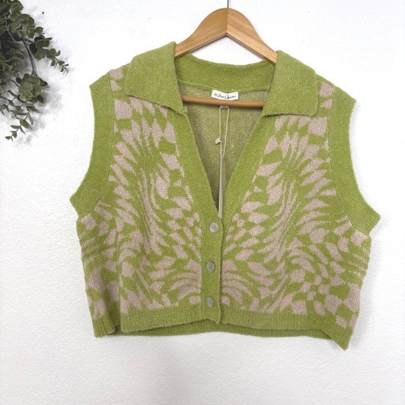 For Love Lemons Simone Green tan Houndstooth Knit Sweater Vest Size 1X - Picture 5 of 8